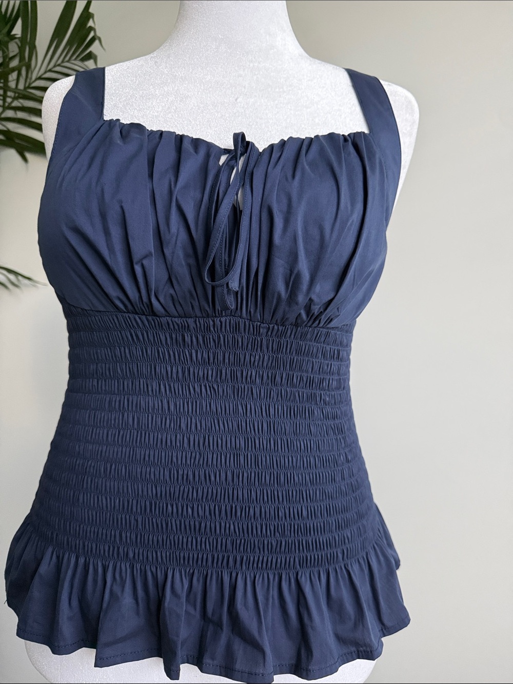 VENUS Navy Blue Smocked Ruffle Crop Top